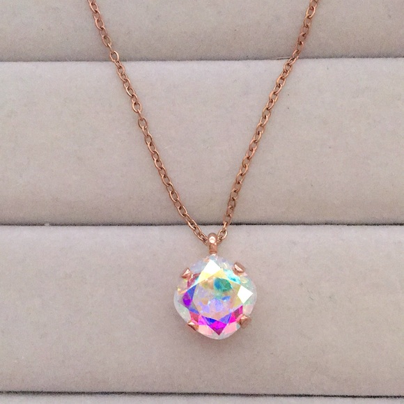 Jewelry - Aurora Borealis + Rose Gold Cushion Cut Crystal Drop Pendant Necklace